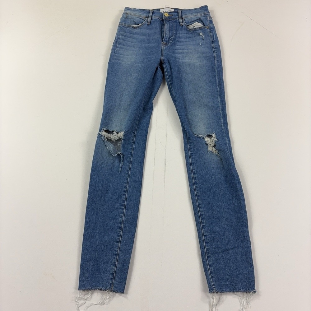 FRAME Le High Skinny Jeans Womens 26 Blue Medium Wash High Rise Distressed